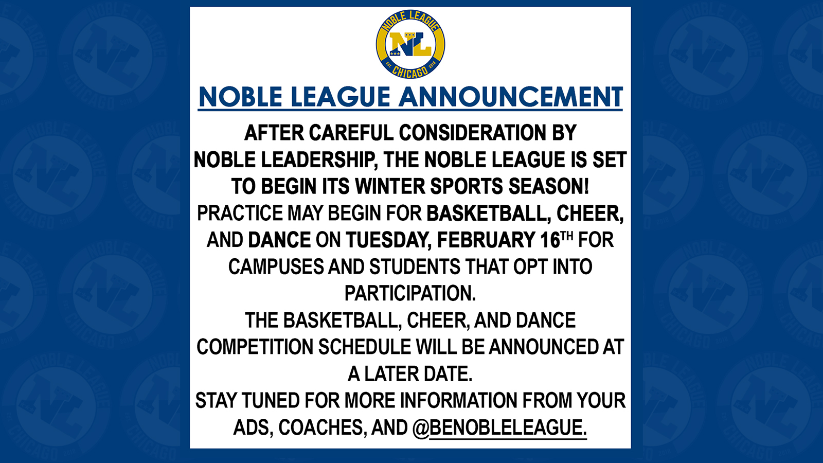 Noble League Winter Sports Update Announcement